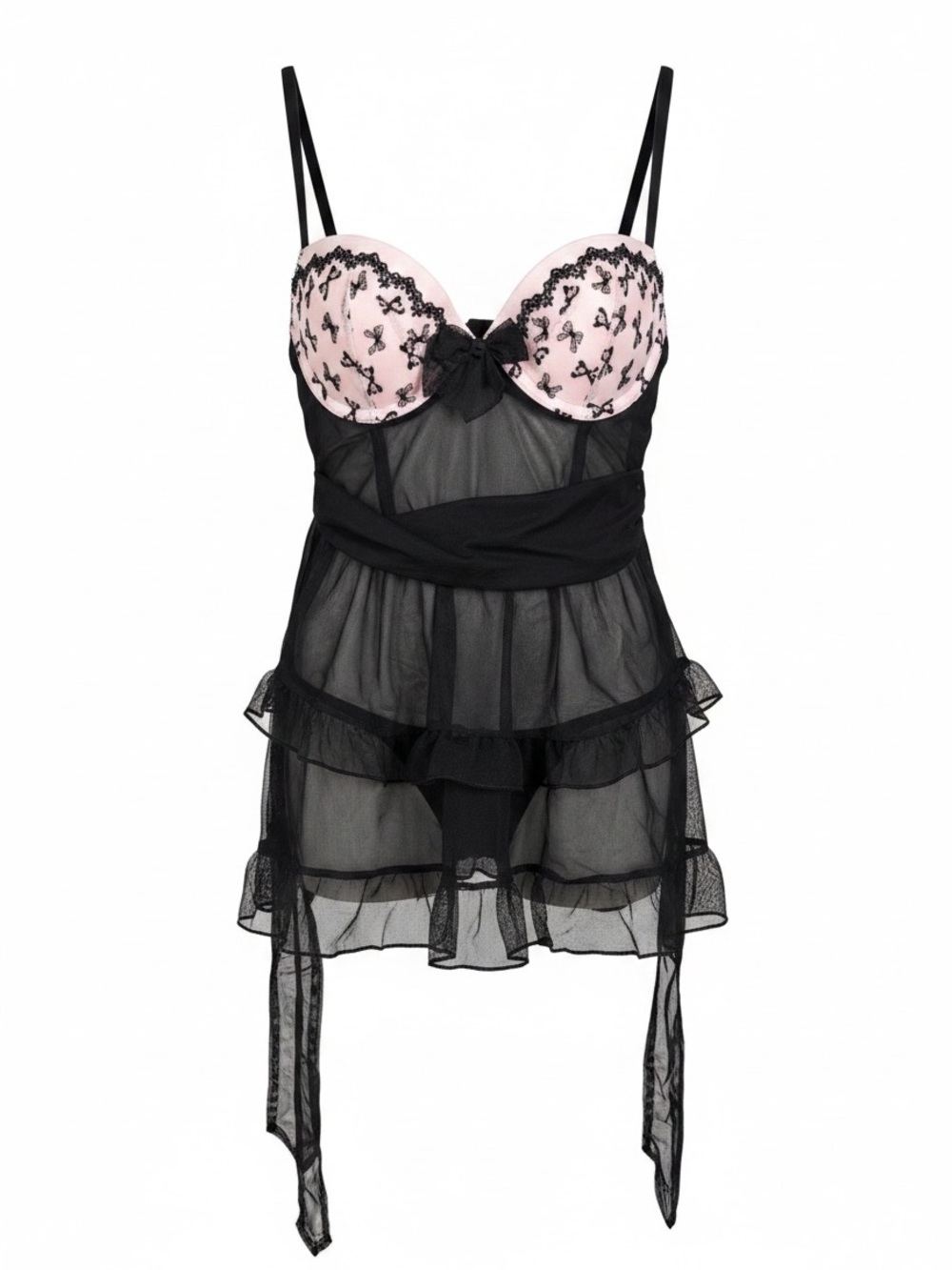 Vintage Victoria’s Secret Black Mesh Babydoll Pink Bow Lace 34B